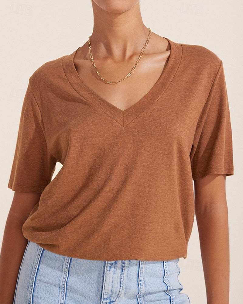 Women's Linen Shirt Blouse Plain Casual Short Sleeve V Neck Regular Tops Holiday Going out White Brown Summer 2025 - $31.99 –P5