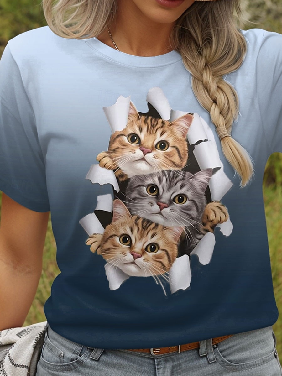 Per donna Maglietta Grafico Animale Gatto Vintage Elegante Classico Manica Corta Girocollo Top Regolari Quotidiano Stampato Blu Verde Estate del 2025 a $19.99 –P3