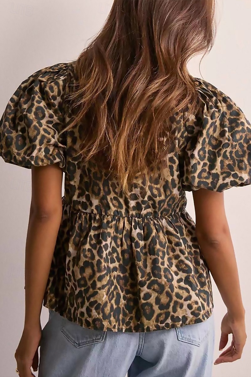 Women's Blouse Leopard Active Modern Short Sleeve Crew Neck Regular Tops Daily Going out Ruched Brown Summer 2025 - $18.49 –P4