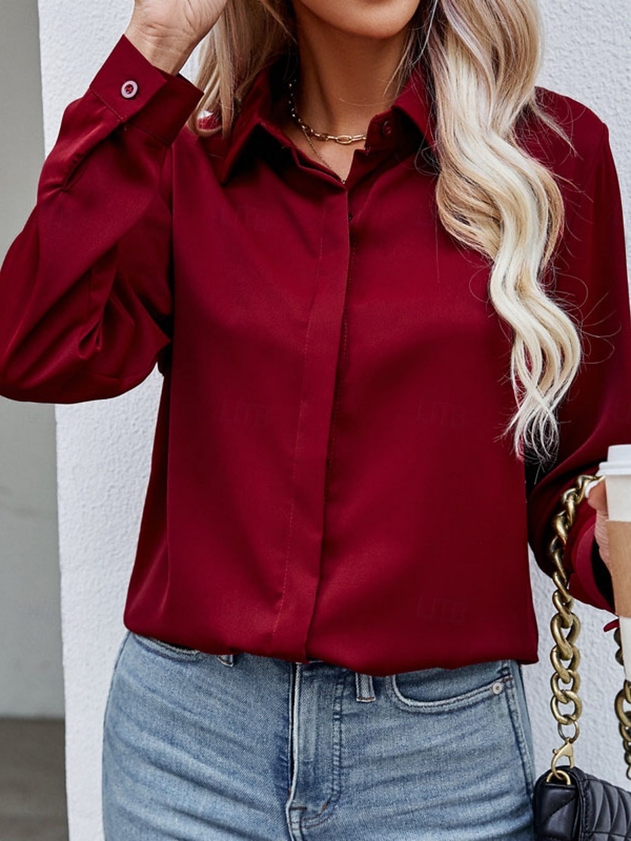 Camicia da Donna Blusa Button Down Colore Pieno Elegante Casual Manica Lunga Camicia Button Down Blusa Colletto Regular Tops Giornaliera Bottoni Nero Bianco Vino Blu Cielo Estate Primavera del 2025 a $19.99 –P5