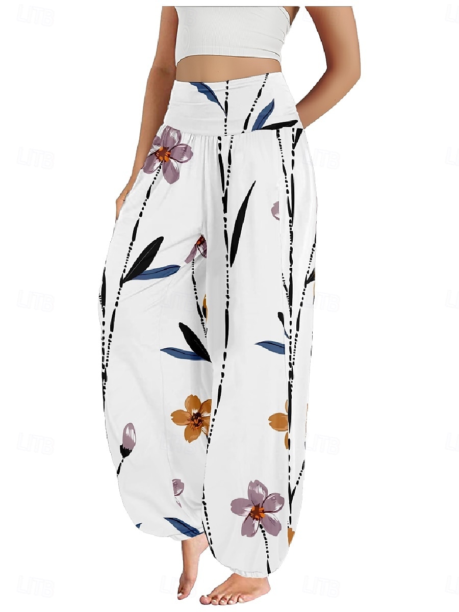 Dame Lin-inspirerte bukser Bred Bukseben Bukser Etnisk stil Fritid Bohem Full lengde Høy Midje Blomstret Blad Tropisk Lomme Elastisk midje Printer Pusteevne Myk Mikroelastisk utendørs Yoga- og 2025 - $20.99 –P18