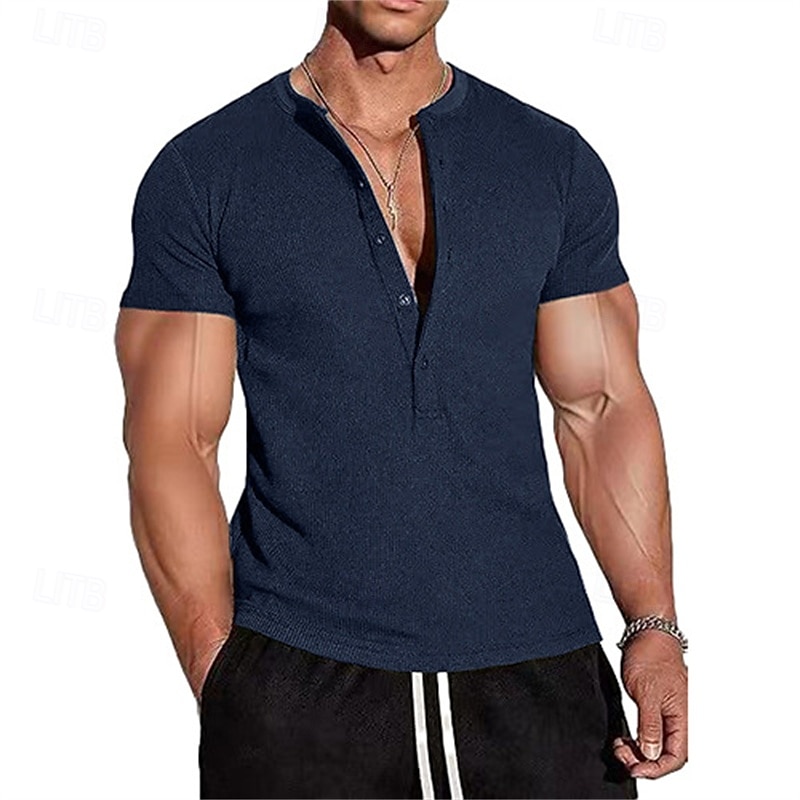 Herren T Shirt Henley Hemd T-Shirt Kurzarmshirt Kurzarm Henley Sommer Frühling Einfach Mode Designer Basic Knöpfe Urlaub Straße Ausgehen Schwarz Blau Grün Top T-Shirt für Herren 2025 - $24.99 –P12