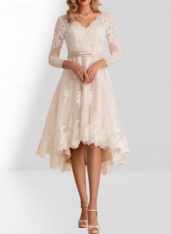 Abiti Piccole Spose Bianchi Abiti da Matrimonio A-Line Collo a V Manica 3/4 Asimmetrico Satin Abiti Sposa con Sash  Nastro Pieghe del 2025 a $155.99 –P4