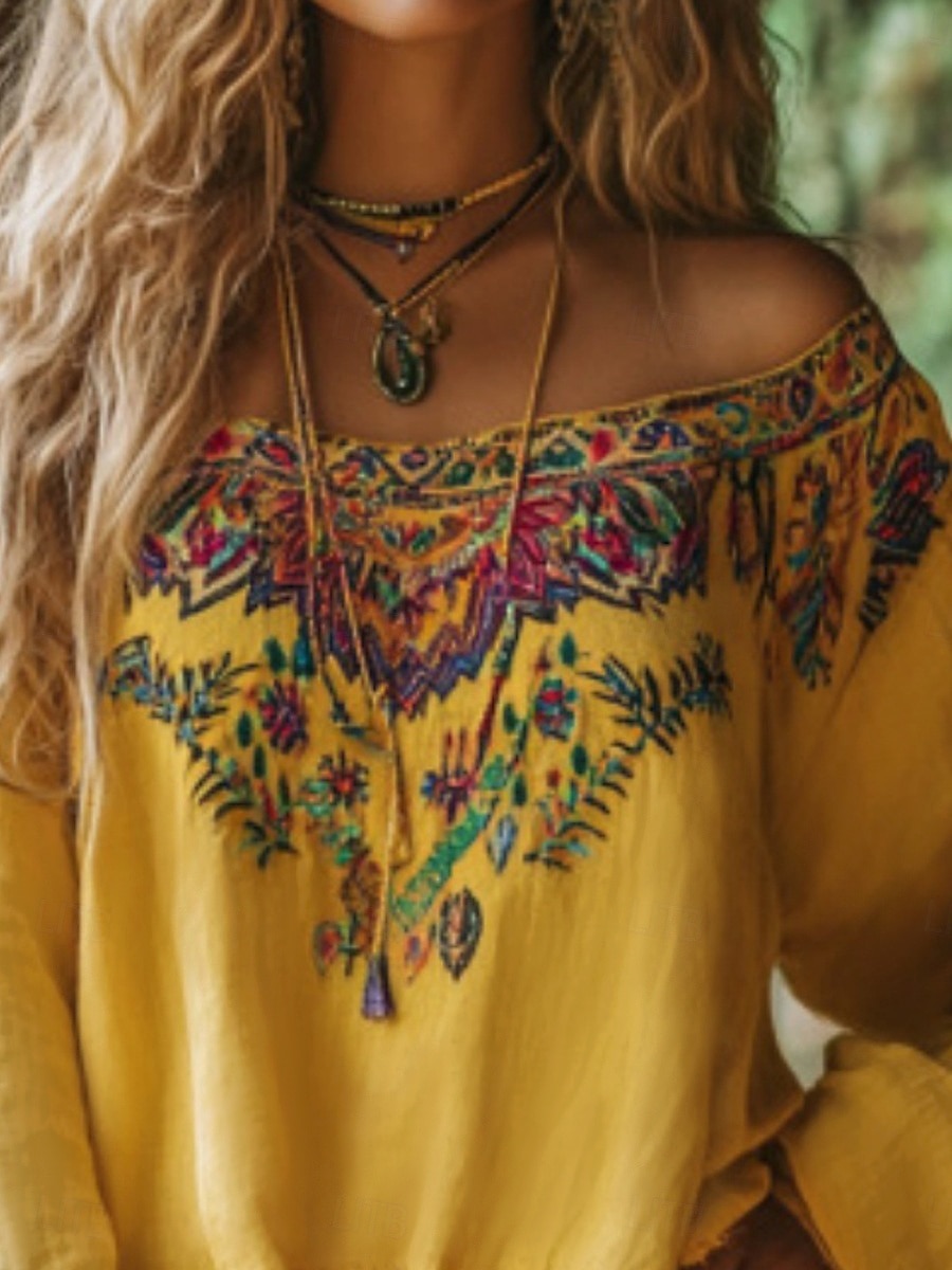 Women's Blouse Boho Blouse Floral Retro Vintage Ethnic Long Sleeve Off Shoulder Regular Tops Daily Holiday Print Yellow Summer 2025 - $21.99 –P1