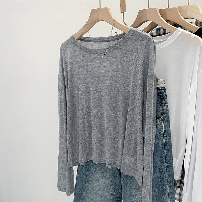 Women's T Shirt Plain Modern Casual Long Sleeve Crew Neck Regular Tops Daily Going out Black White Pink Blue Gray Summer 2025 - $16.49 –P3