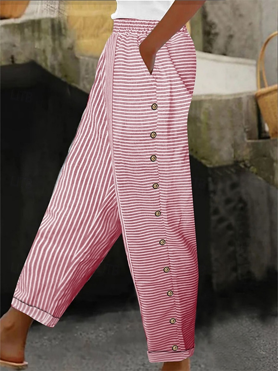Per donna Pantaloni in cotone e lino Essenziale Casual Lunghezza intera Vita Alta A righe Tasca Elastico in vita Stampato Comodo All'aperto Confortevole Streetwear Abbigliamento quotidiano Uscire del 2025 a $22.99 –P6