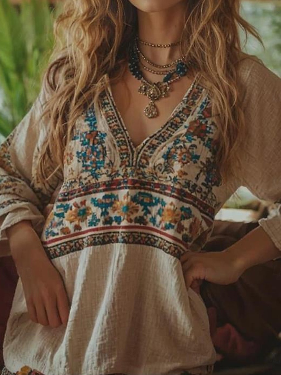 Per donna Blusa Floreale Grafico Paisley Bohemien Vintage Tropicale Manica 3/4 Scollo a V Top Regolari Beige Estate Primavera del 2025 a $24.99 –P1