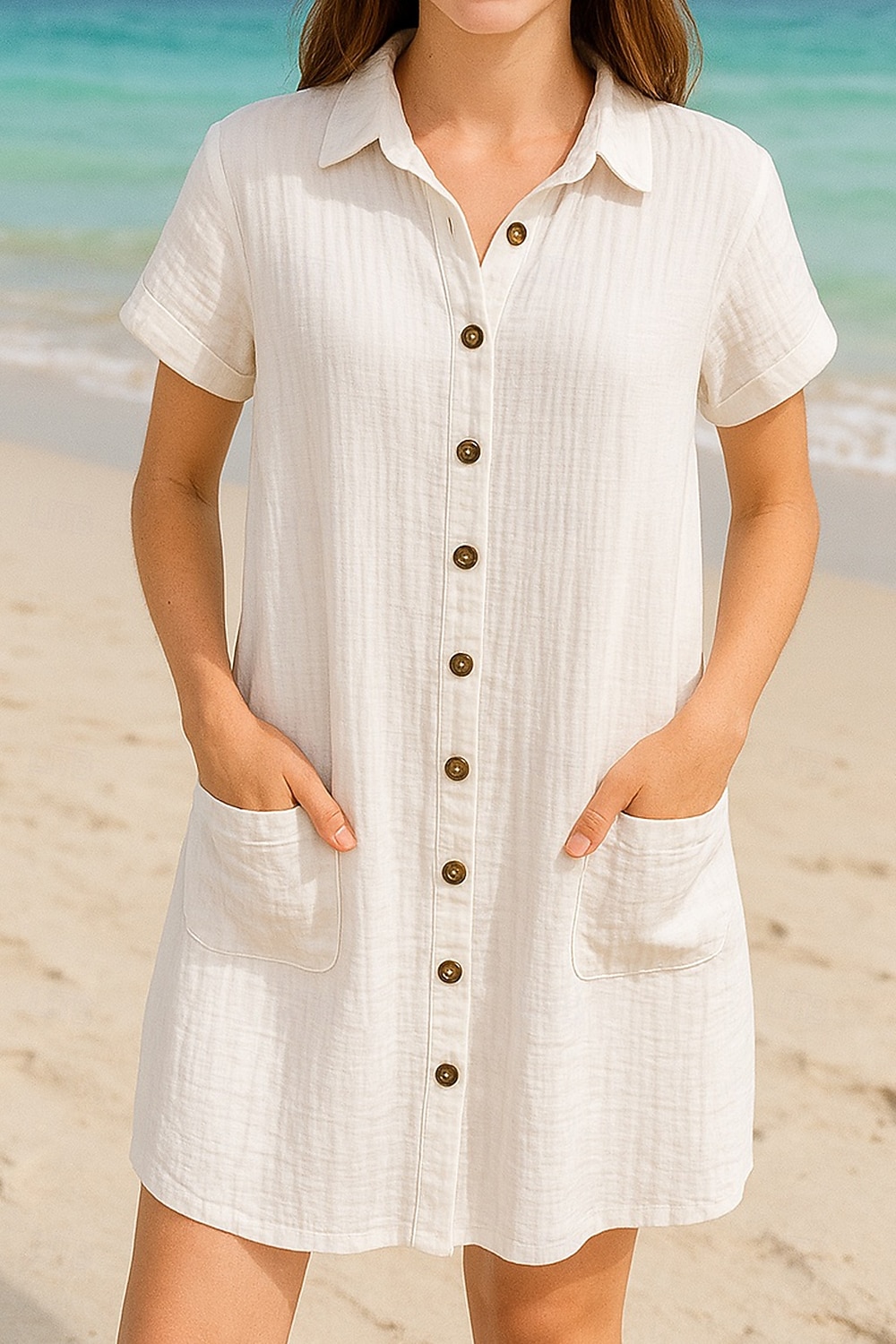 Damen Minikleid Weißes Kleid Hemdblusenkleid Elegant Basic Modern Urlaub Ferien Strand Normale Passform Einfach Kurzarm Hemdkragen Weiß Sommer 2025 - $32.99 –P1