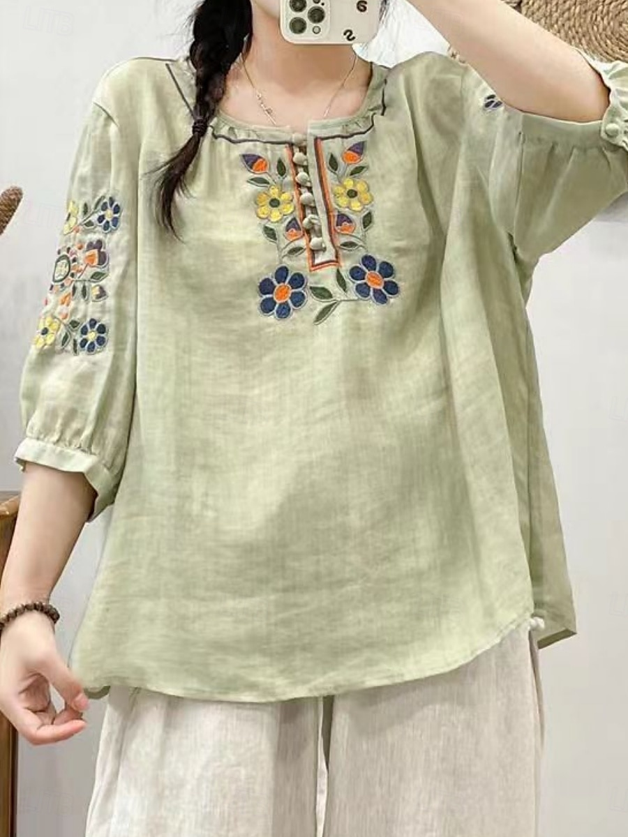 Femmes Chemise Fleuri Élégant Occasionnel Manche 3/4 Col ras du cou Hauts Réguliers Quotidien Broderie Vert Claire Rose Claire Fuchsia Abricot Bleu clair Été Printemps de 2025 ? $19.99 –P11