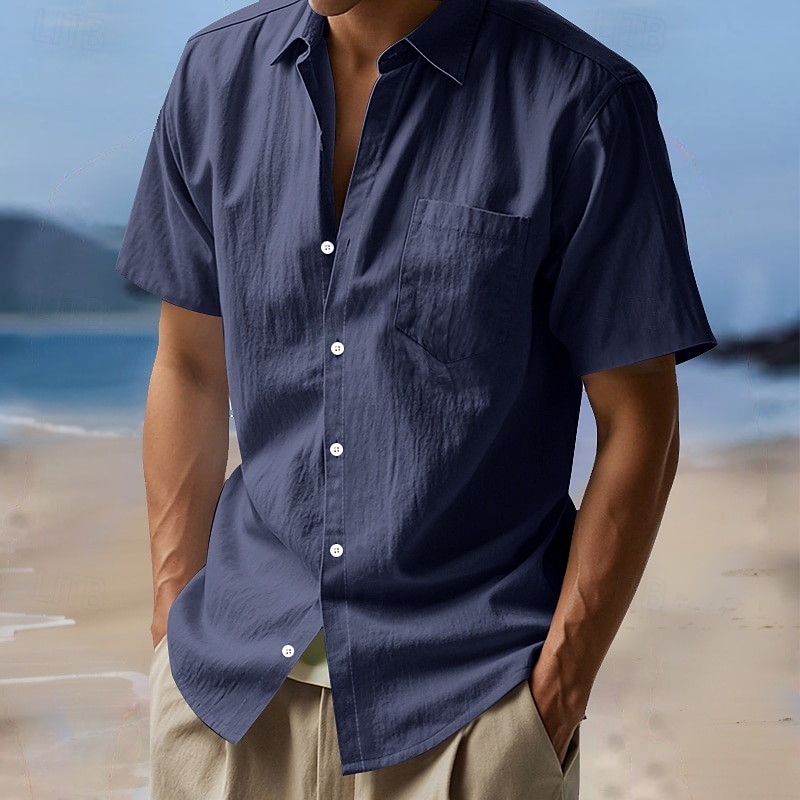Men's Shirt Linen Shirt Summer Shirt Beach Wear Button Up Shirt Solid Color Daily Streetwear Black White Navy Blue Sky Blue Short Sleeve Turndown Spring & Summer Clothing Apparel Pocket 2026 - $22.99 –P13