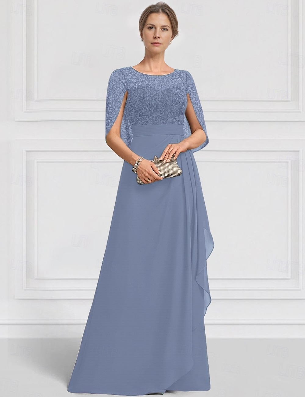 Abito per la Madre della Sposa A-Line Blu Verde Elegante Collo a Giro Lunghezza Piena Chiffon Maniche Corte Giacca con Ricamo in Pizzo del 2025 a $148.99 –P4