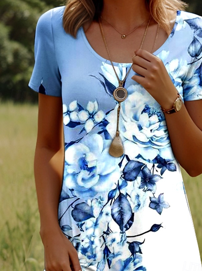 Dam Mini klänning Vardagsklänning T shirtklänning Solklänning A linjeklänning Stylish Ledigt Strand Normal Nyans Blommig Grafisk Kortärmad Rund hals Rundhals Dammig blå Ljusblå Sommar Vår 2025 - $23.99 –P5