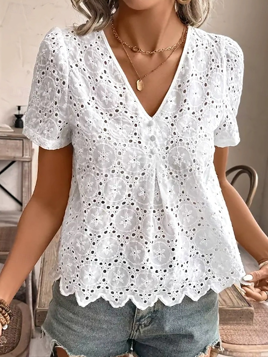 Pentru femei Cămașă popover Cămașă de vară Cămașă casual Bluză Dantelă Capsă Nasturi Floral Vacanță Casual Manșon scurt În V Topuri obișnuite Zilnic Concediu Alb Vară Primăvară 2026 - $28.99 –P4