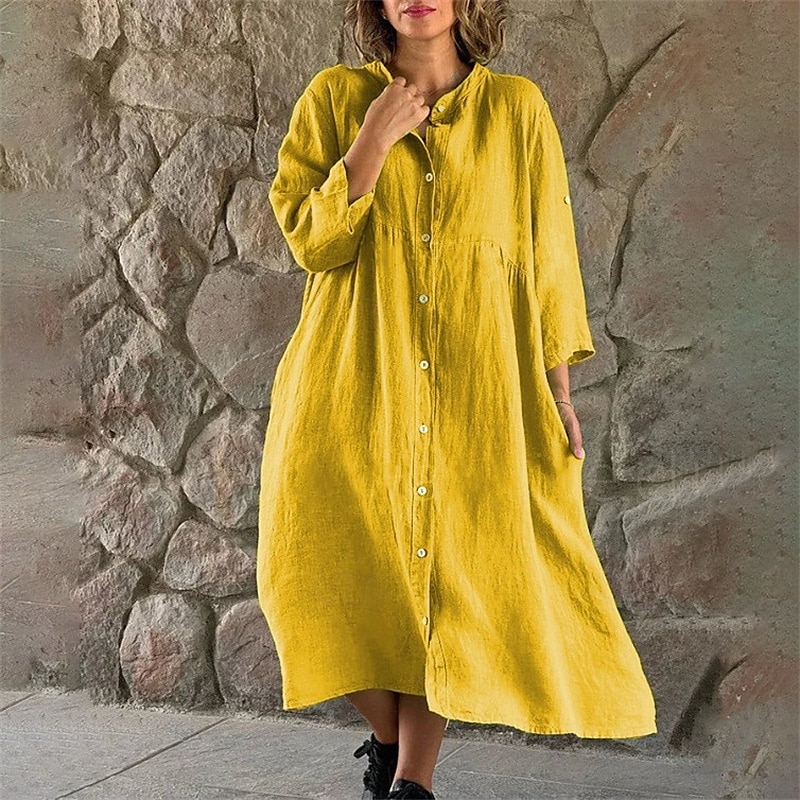 Damen Midikleid Baumwoll-Leinen-Kleider Freizeitkleid Mode Outdoor Party Ferien Normale Passform Einfach Dreiviertelarm V Ausschnitt Weiß Gelb Grau Sommer 2025 - $36.99 –P2