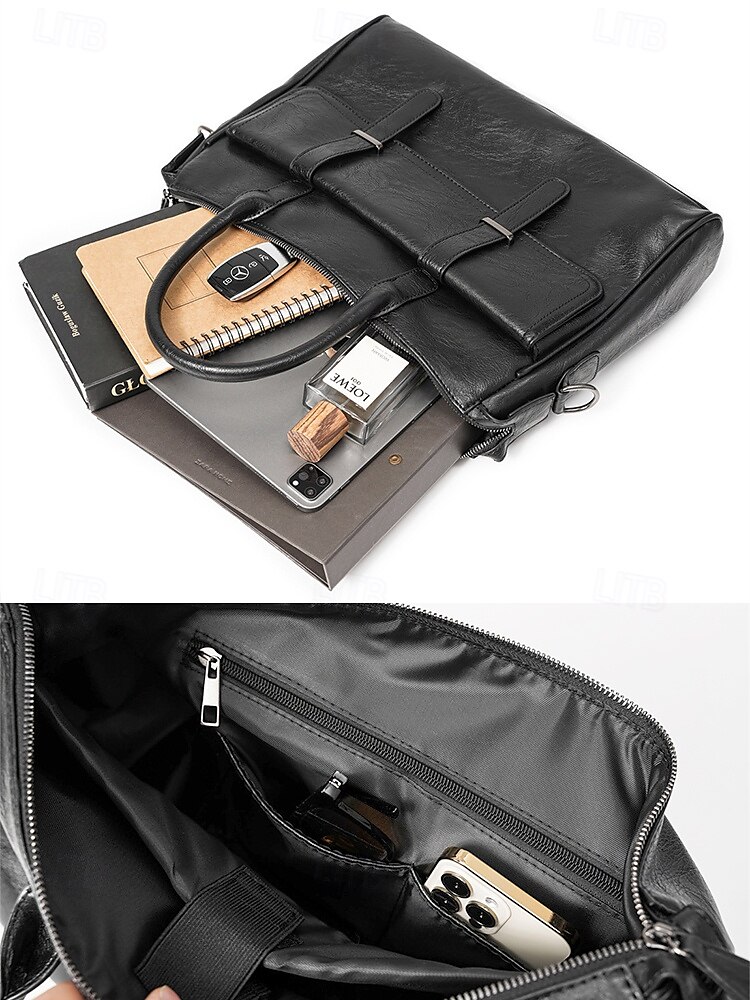 mäns portfölj i svart läder - stor affärsväska med övre handtag och laptopfack, professionell kontorsväska för arbete och möten 2025 - $46.99 –P5