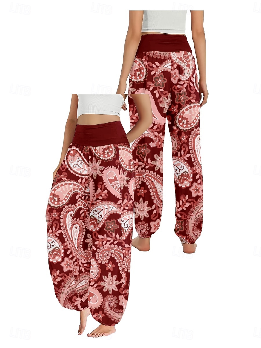 Dam Linneinspirerade byxor Brett skaft Byxor Etnisk Stil Ledigt Boho Fullängd Hög midja Blommig Paisley Ficka Elastisk midja Tryck Mateial som andas Mjuk Microelastisk Utomhus Yoga Röd Blå Mörkgrön 2025 - $21.99 –P12