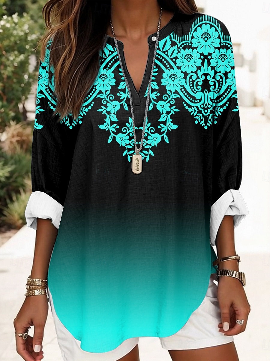 Női Boho Blúz Ombre Grafikai Geometrikus Elegáns Mindennapi Hosszú Ujjú V Nyak Normál Felsők Mindennapi Mintás Fehér Piros Kék Lila Nyár Tavasz 2025 - $24.99 –P4