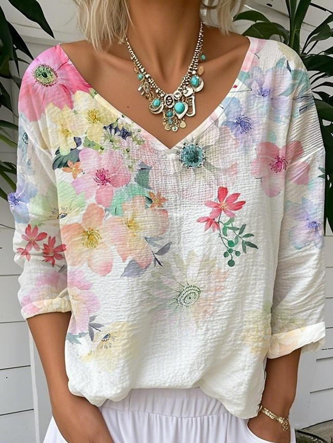 Dame Bluse Blomstret Grafisk Årgang Tropisk Stilfull 3/4 ermer V-hals Vanlige topper Hvit Gul Rosa Blå Grønn Sommer Vår 2025 - $24.99 –P1