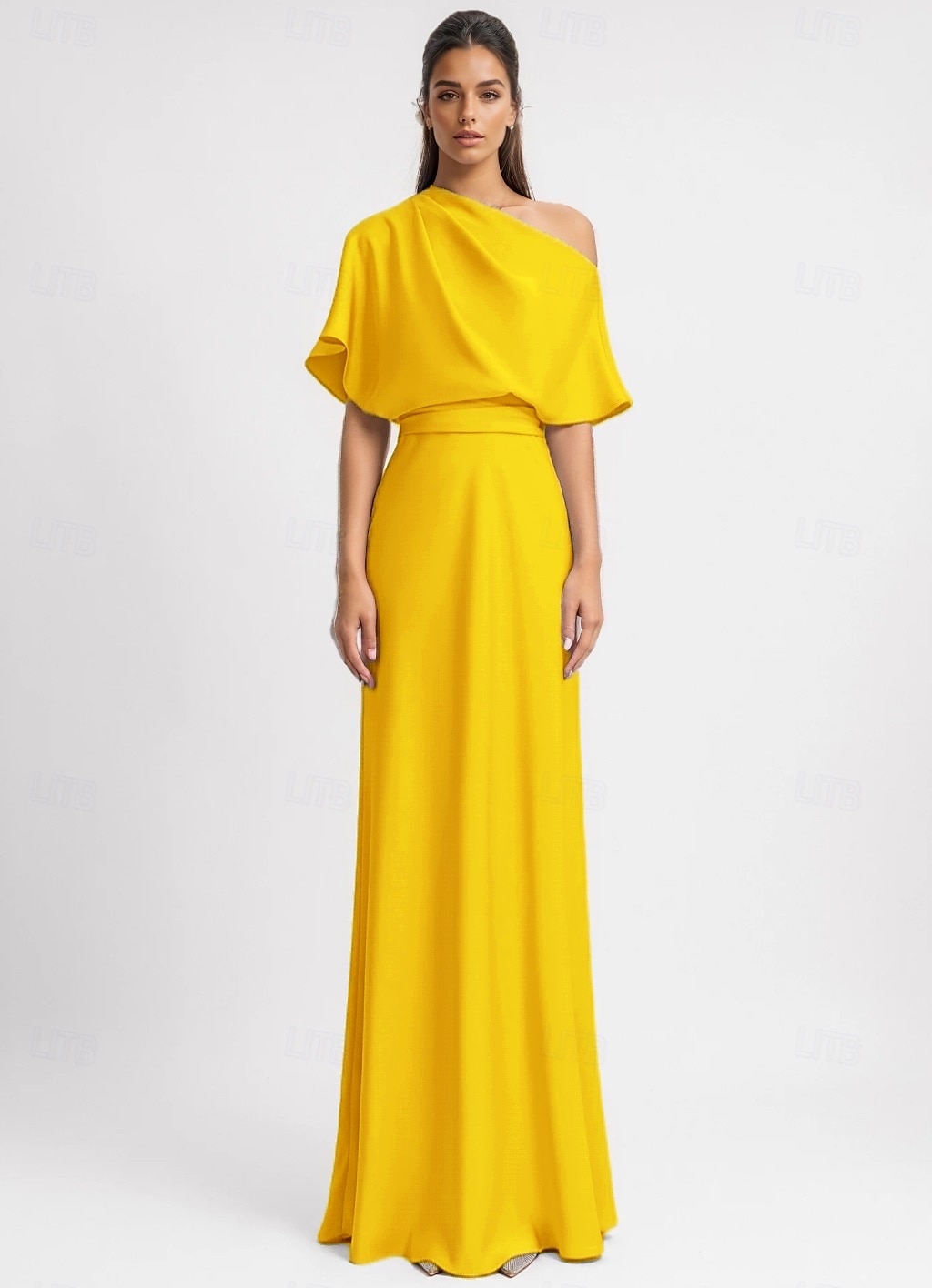 Abito da Sera A-Line Giallo Abito Elegante Formale Lunghezza PAVIMENTO Manica 3/4 Spalla Unica Con Tasche Stretch Crepe con Plissettature del 2025 a $109.99 –P1