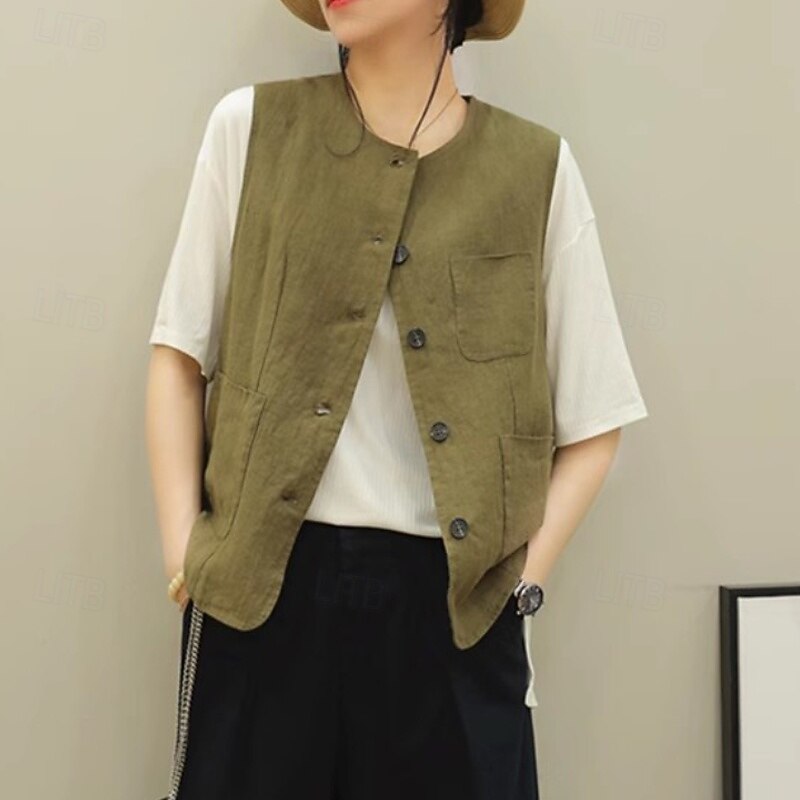 Femmes Chemises inspirées du lin Uni Actif Occasionnel Sans manches Col ras du cou Hauts Réguliers Quotidien Fête Sortir Boutons Avec Poches Noir Vert Abricot Été de 2025 ? $32.99 –P3