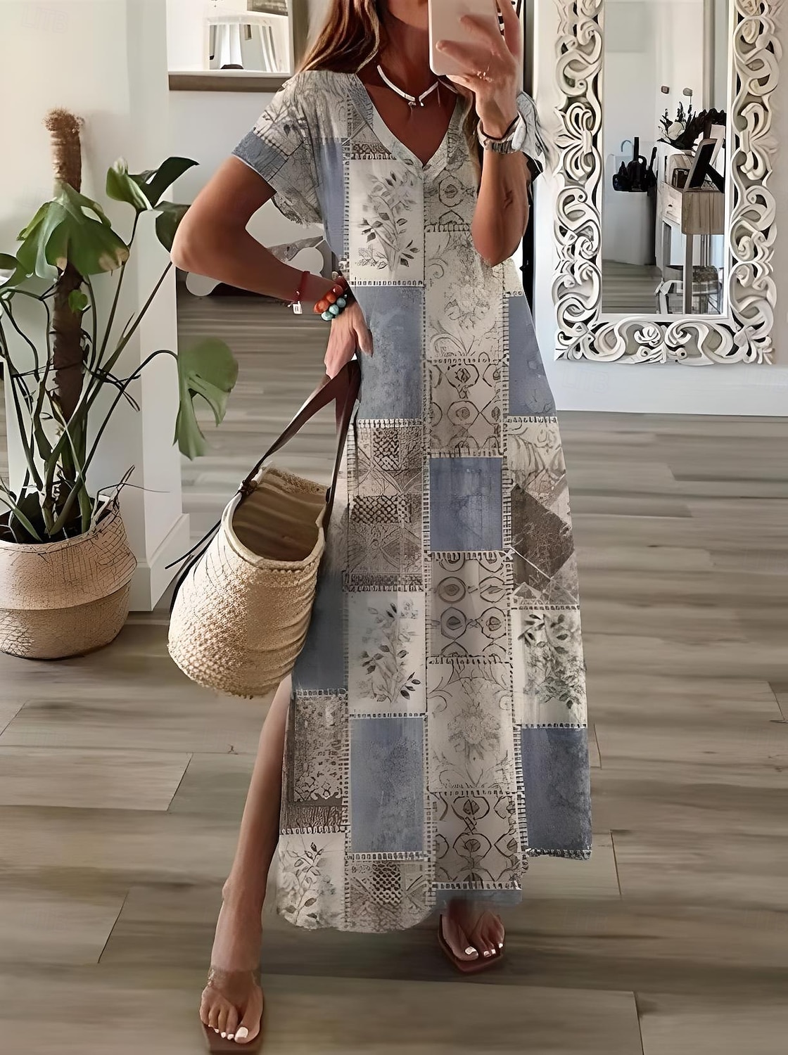 Damen Maxikleid Sommerkleid A Linie Kleid Urlaub Lässig Boho Ausgehen Strand Lässiger Schnitt Blumen Grafik Geometrisch Kurzarm V Ausschnitt Leicht Braun Blau Himmelblau Grau Sommer Frühling 2025 - $28.99 –P3