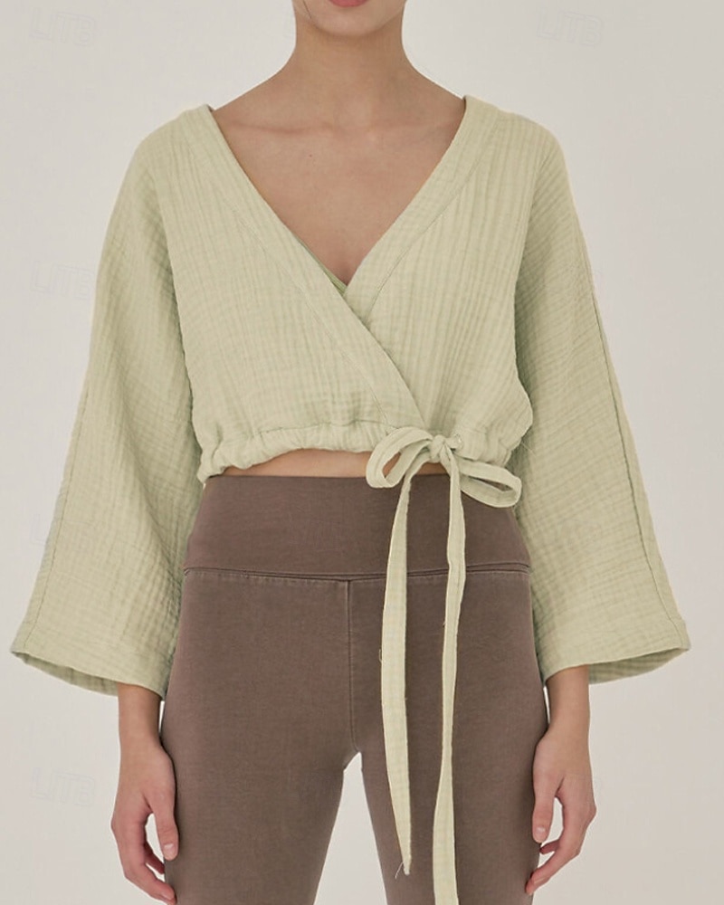 Dame Linskjorte Bluse عادي Fritid Langermet V-hals Crop Tops Daglig Ut på byen knyte foran Hvit Gul Brun Sommer 2025 - $36.99 –P6