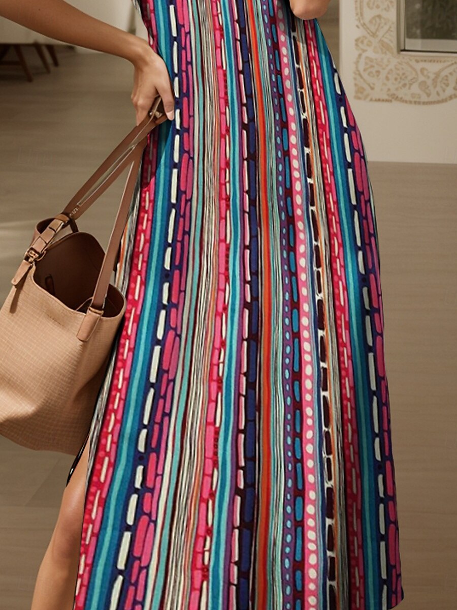Women's Maxi Dress T Shirt Dress Tee Dress Sundress Shift Dress Summer Dress Bohemia Holiday Regular Fit Graphic Stripe Abstract Short Sleeve Crew Neck Rainbow Summer Spring 2025 - $28.99 –P3