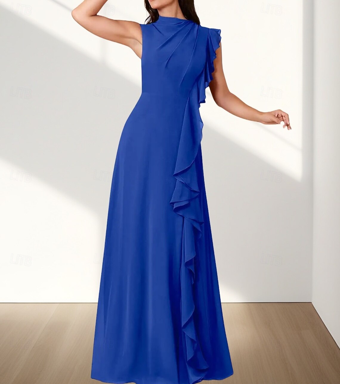Vestido de dama de honra em corte A, decote redondo, sem mangas, elegante, longo, chiffon com babados / franzido 2025 de 2025 por $157.99 –P1