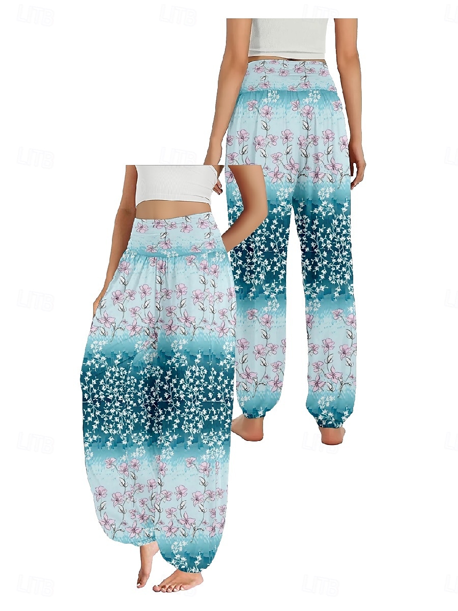 Dam Linneinspirerade byxor Brett skaft Byxor Etnisk Stil Ledigt Boho Fullängd Hög midja Blommig Ficka Elastisk midja Tryck Mateial som andas Mjuk Microelastisk Utomhus Yoga Rosa Kungsblå Blå Purpur 2025 - $20.99 –P12