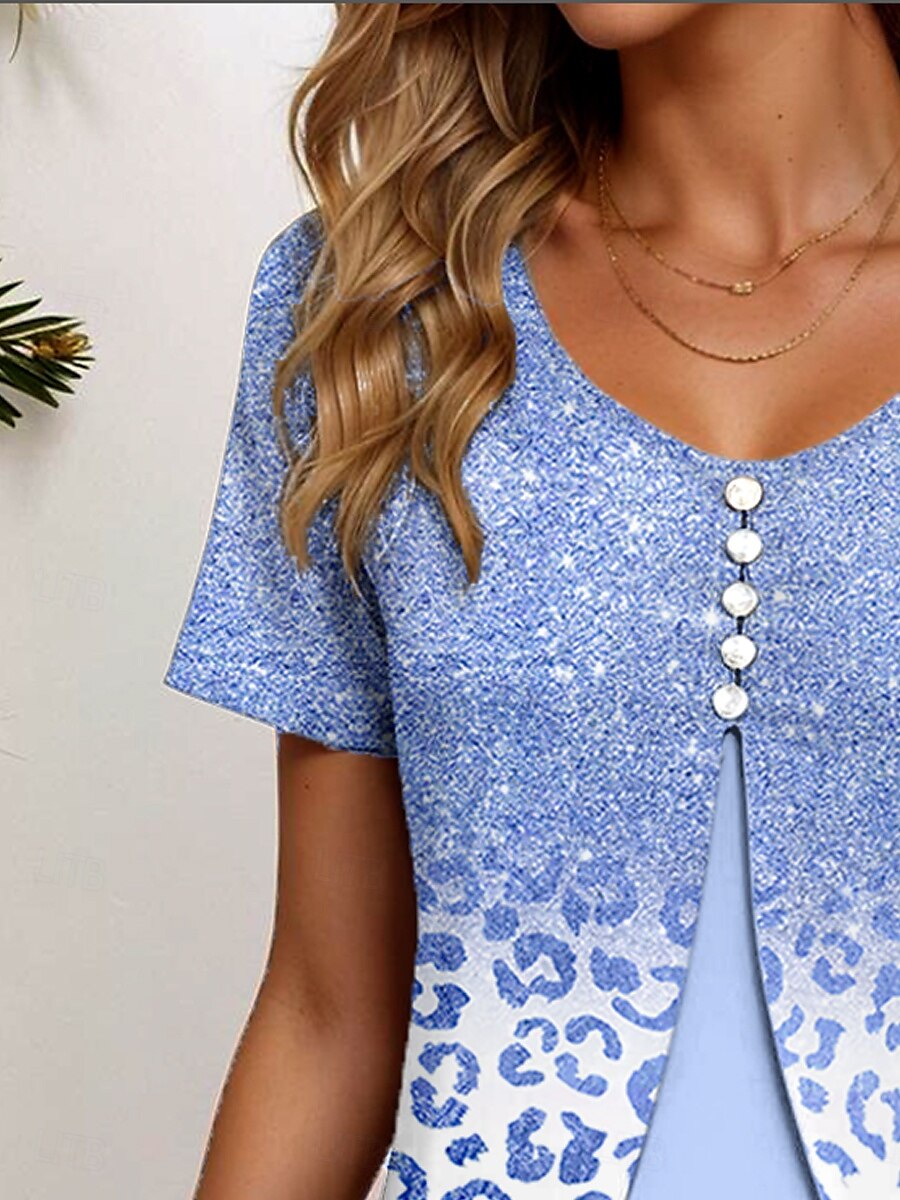 Femmes T-shirt A Ombre Graphique Léopard Élégant ancien Classique Manche Courte Col ras du cou Col rond Hauts Réguliers Quotidien Sortir Patchwork Boutons À Étages Rose Claire Bleu clair Été Printemps de 2025 ? $23.99 –P5
