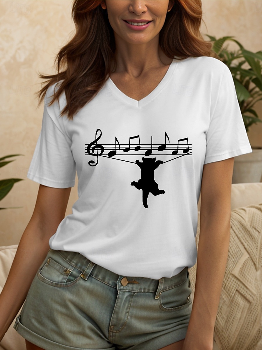 Femmes Chemisier Graphique Chat Lettre ancien Élégant Classique Manche Courte Col en V Hauts Réguliers Quotidien Sortir Tenue de plage Imprimé Noir Blanche Été Printemps de 2025 ? $27.99 –P4