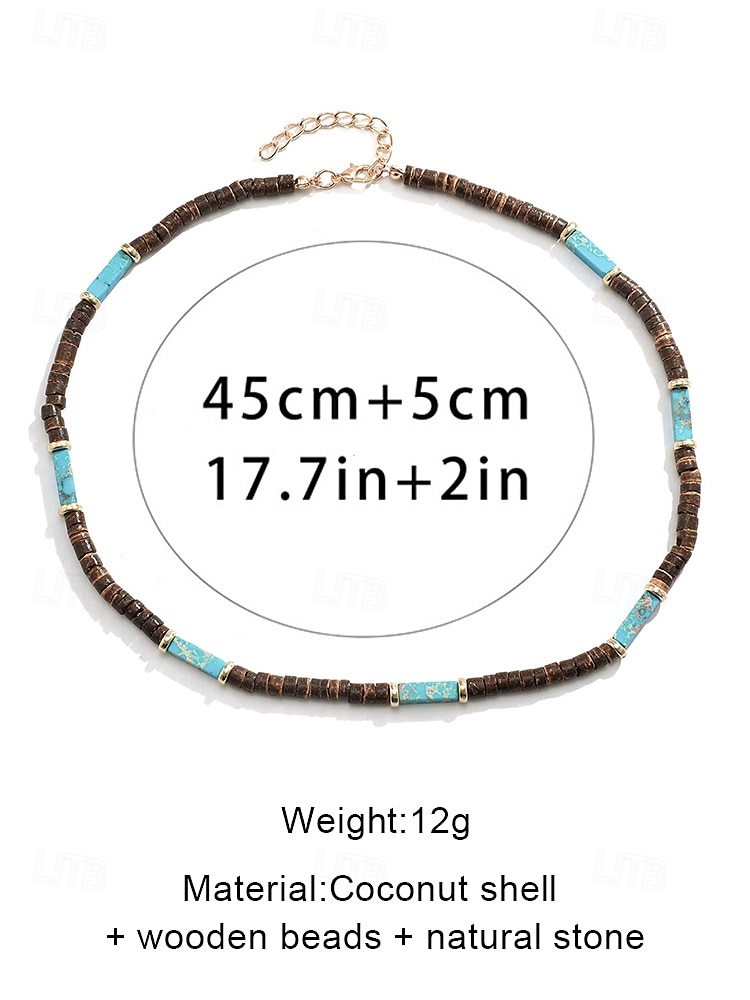 Men's Natural Wood Beaded Necklace with Turquoise Accents, Boho Surfer Style, Adjustable Jewelry for Beach, Festival and Casual Outfits 2025 - $9.99 –P9