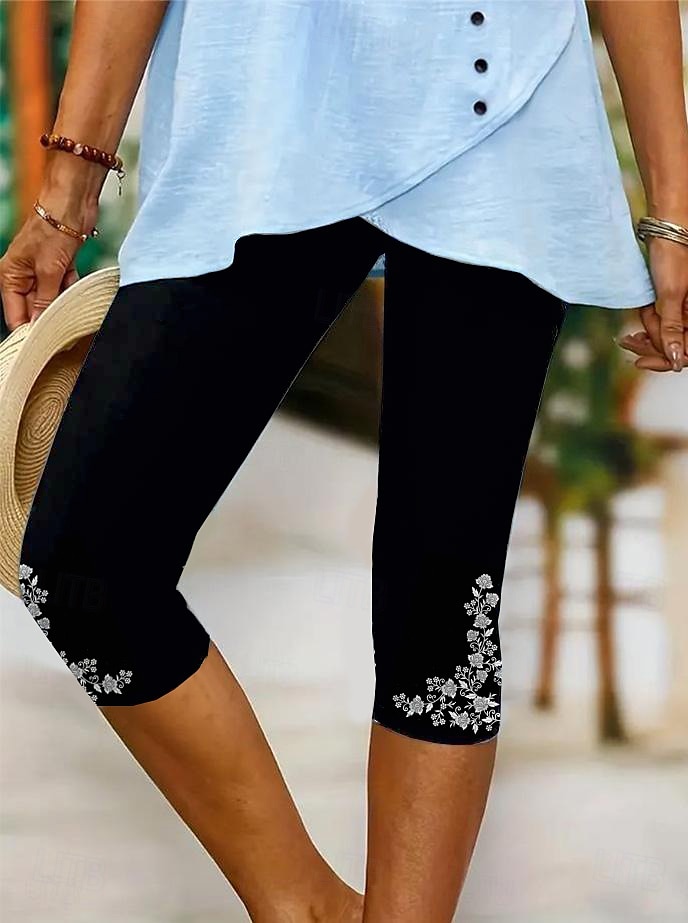 Dámské legíny capri kalhoty vysoké elasticity dovolená vintage móda délka do lýtek střední pas květinový grafický potisk prodyšné měkké dovolená volnočasové každodenní modrá barva robins egg černá 2025 - $18.99 –P7