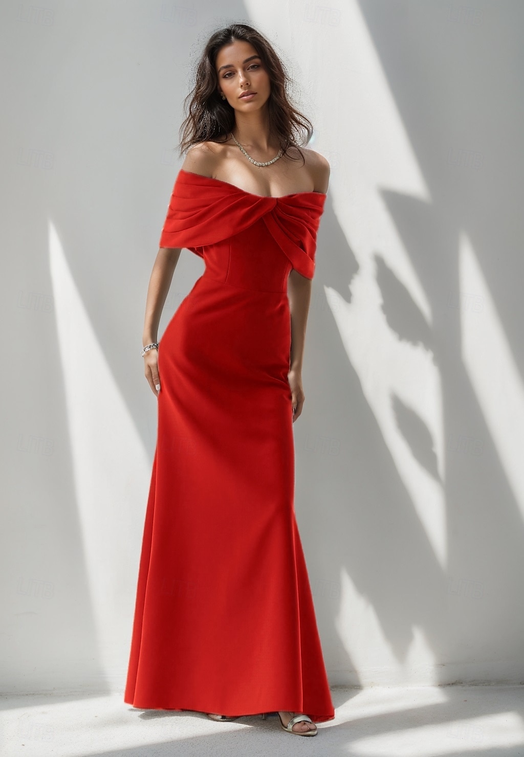 Robe de soirée sirène rose bleue élégante Robe formelle longueur de sol sans manches épaules dénudées crépon extensible avec nœud(s) ruché de 2025 ? $134.99 –P8