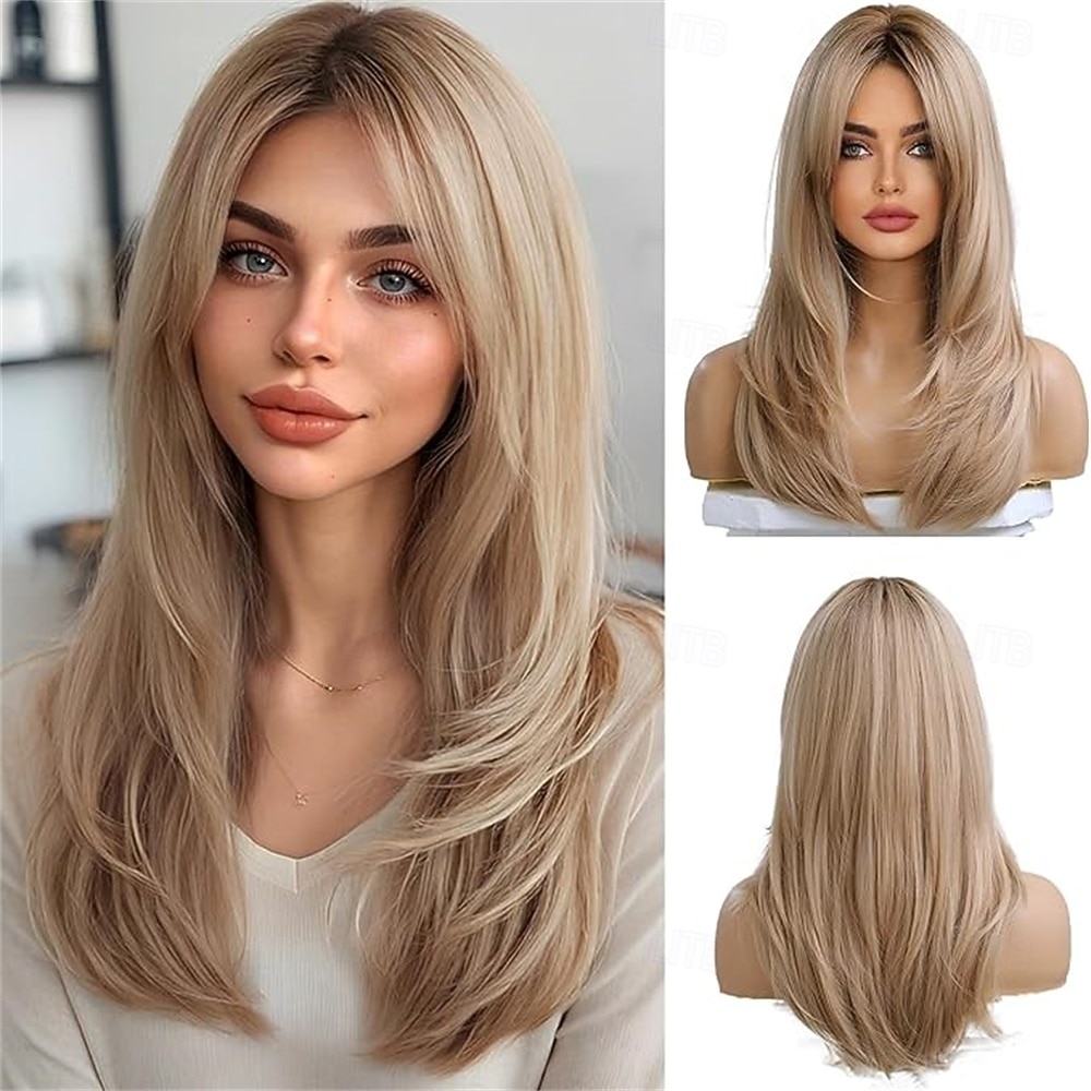 20 palců dlouhé rovné blond vrstvené syntetické paruky pro ženy s tmavými kořínky pro každodenní párty 2025 - $28.99 –P4