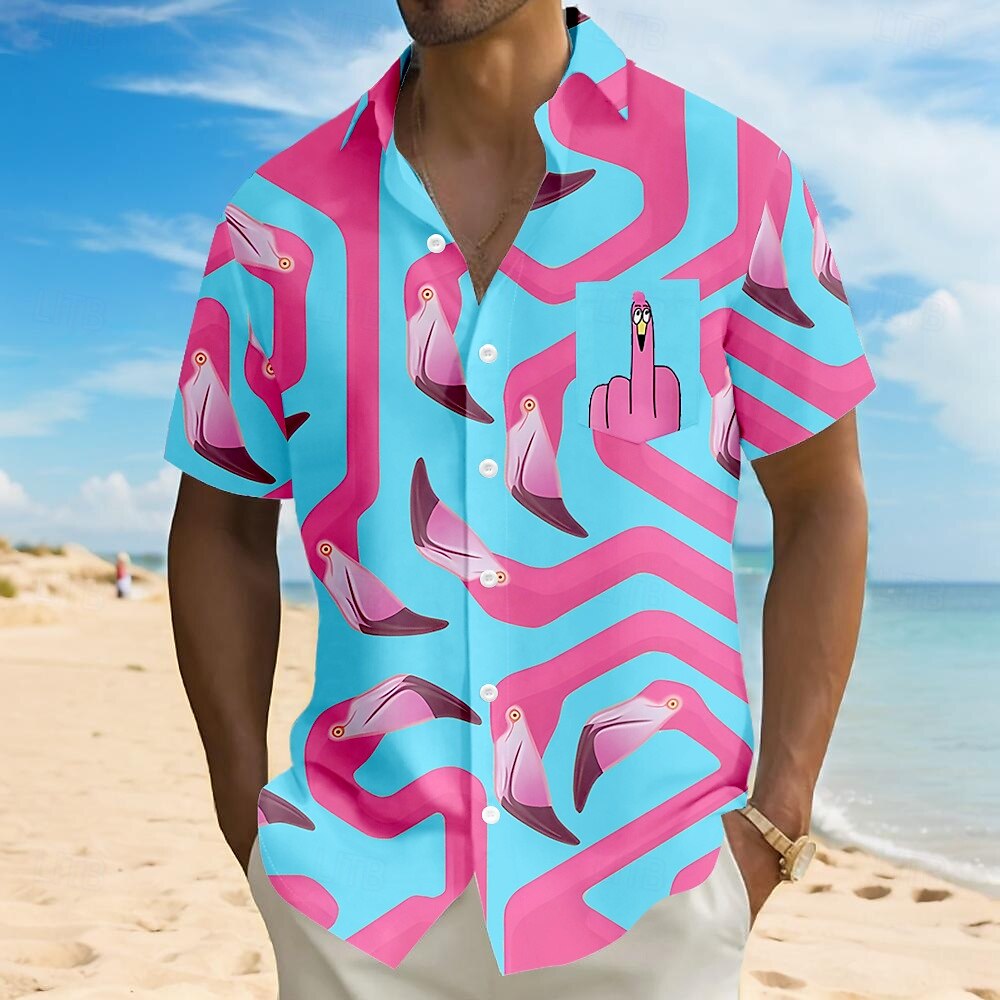 Miesten Flamingo Lintu Hauska Paita Havaiji paita Button Up paita Lyhythihainen Havaijilainen Loma Pyhäpäivä Ranta-asut Kesä Sänkyjen avaus 3D-tulostus Edessä yksi tasku Pellava kuin paita Musta 2025 - $23.99 –P3