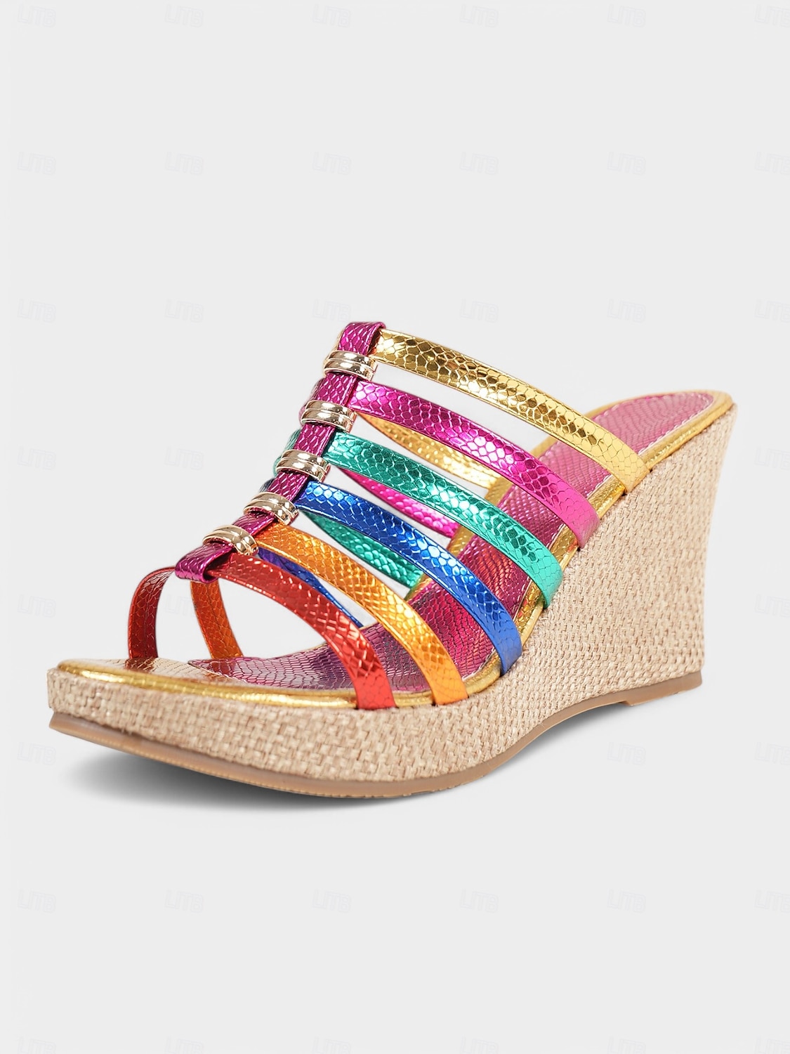 Damen-Keilsandalen mit Plateau und Riemchen in Regenbogen-Metallic, perfekt für Strandpartys und Sommerferien 2025 - $32.99 –P3