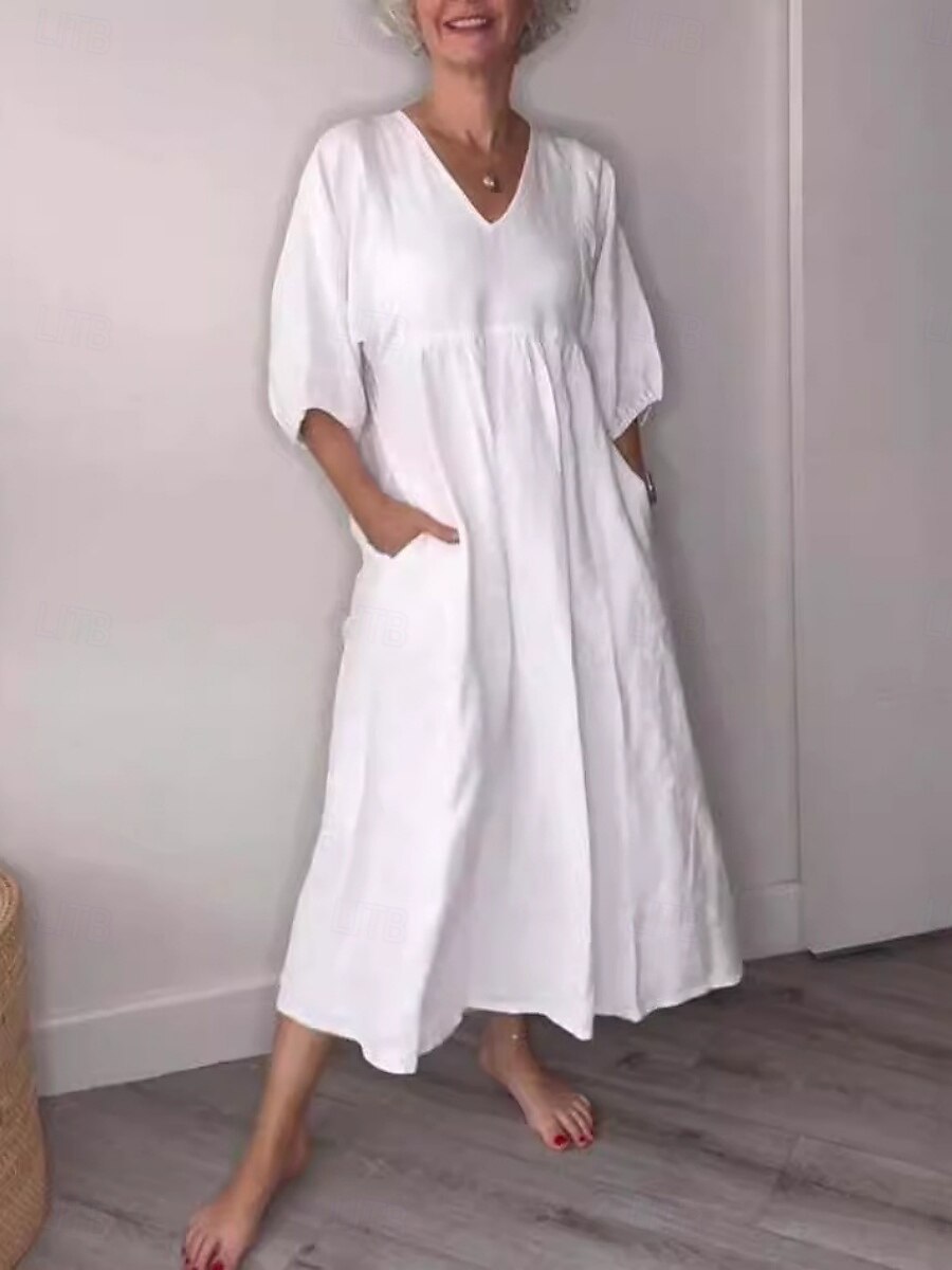 Women's Maxi Dress A Line Dress Linen Summer Dress Casual Daily Regular Fit Graphic 3/4 Length Sleeve V Neck Black White Blue Gray Summer 2025 - $36.99 –P1