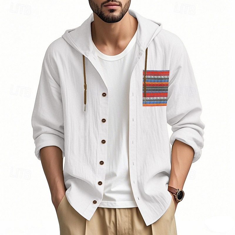 Men's Shirt Linen Shirt Summer Shirt Beach Shirt Button Up Shirt Hooded Shirt Plain Vacation Daily Wear Black White Sky Blue Khaki Long Sleeve Hooded Summer Clothing Apparel Patchwork 2025 - $22.99 –P3