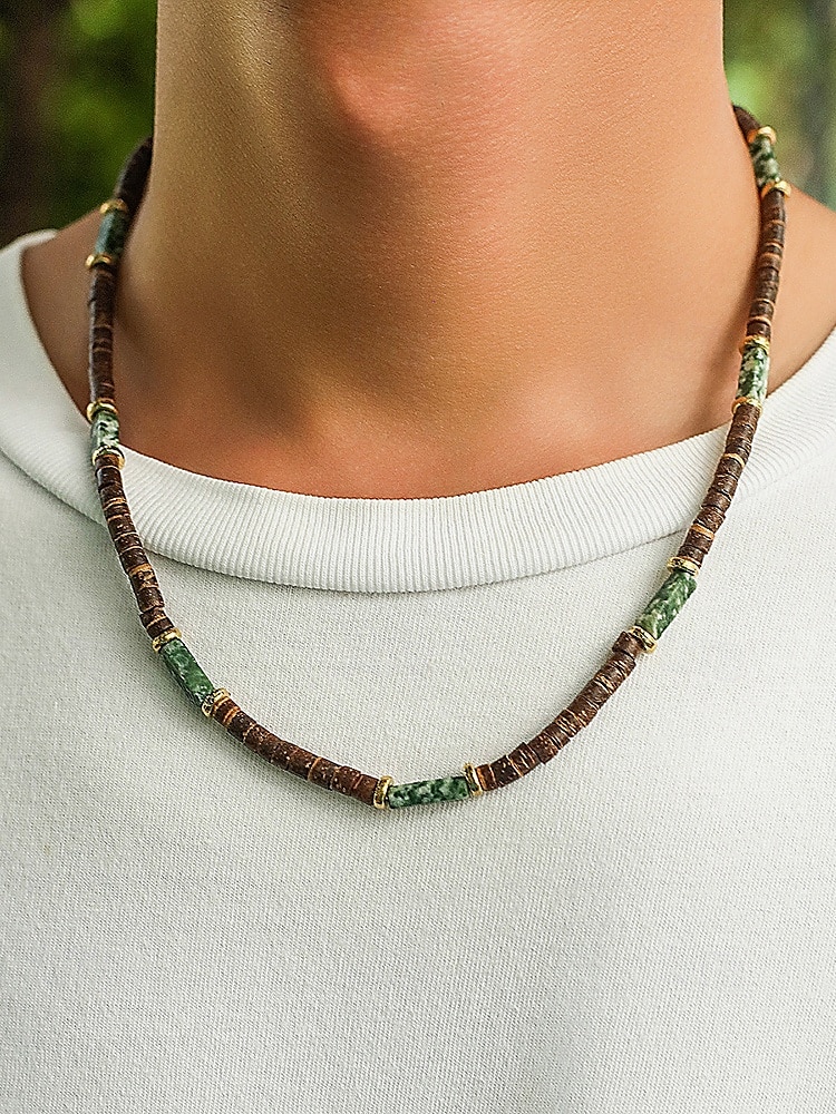 Collier de perles en bois naturel pour homme avec des accents turquoise, style surfeur bohème, bijoux réglables pour la plage, les festivals et les tenues décontractées de 2025 ? $9.99 –P4