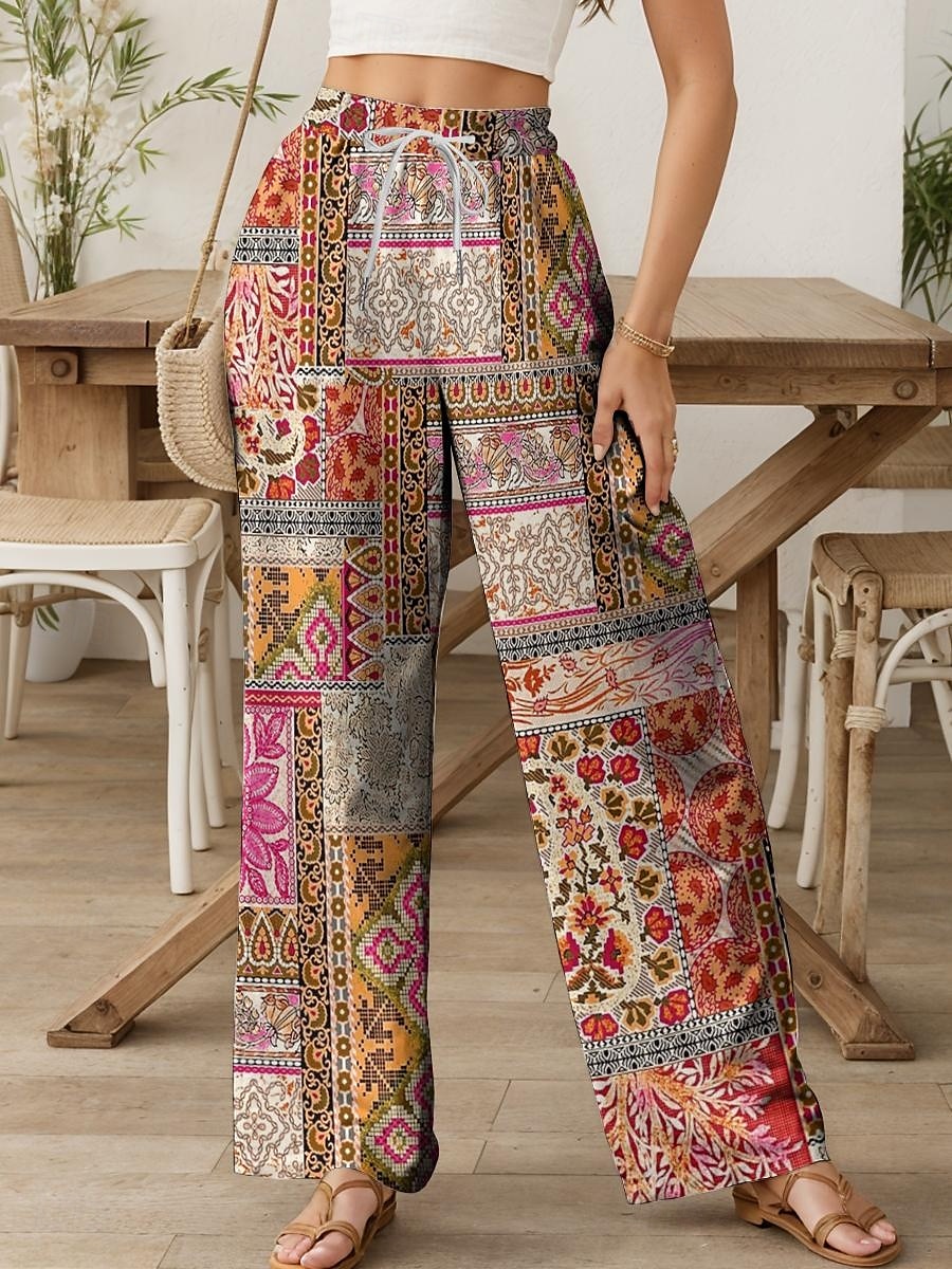 Dame Bred Bukseben kinesisk Posete bukser Ferie Årgang Mote Full lengde Høy Midje Blomstret Grafisk Fargeblokk Printer Hold Varm Pustende Myk Mikroelastisk Formell Feriereise Gate Lysegul Lilla 2025 - $24.99 –P1