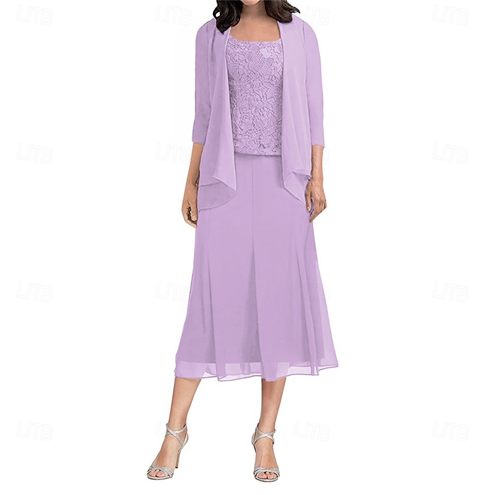 Ensembles de Robes Robe de Mère de Mariée  Élégant Simple Col carré Longueur thé Polyester Manche 3/4 avec Couleur Unie 2025 de 2025 ? $129.99 –P11