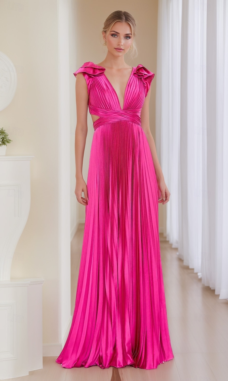 Vestido rosa choque, corte A, vestido de noite, vestido plissado, formal, casamento, comprimento até o chão, sem mangas, decote profundo, cetim com babados, 2025 de 2025 por $144.99 –P1