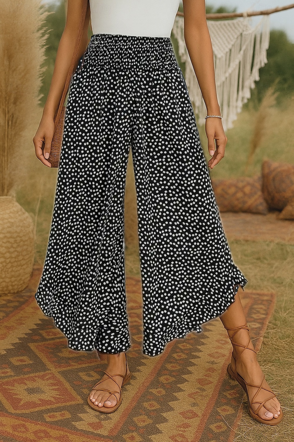 Women's Wide Leg Pants Trousers Bohemian Boho Long High Waist Polka Dot Printing Elastic Drawstring Design High Cut Breathability Soft Micro-elastic Vacation Holiday Casual Daily Black Summer Regular 2025 - $19.99 –P3