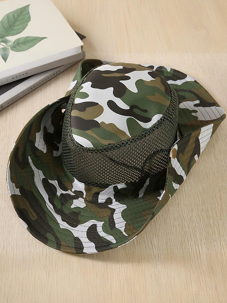 Herren-Sonnenhut aus Camouflage-Netzgewebe mit breiter Krempe und Kinnriemen – atmungsaktiver Outdoor-Wander- und Angelhut für Sommerreisen und Camping 2025 - $11.99 –P4