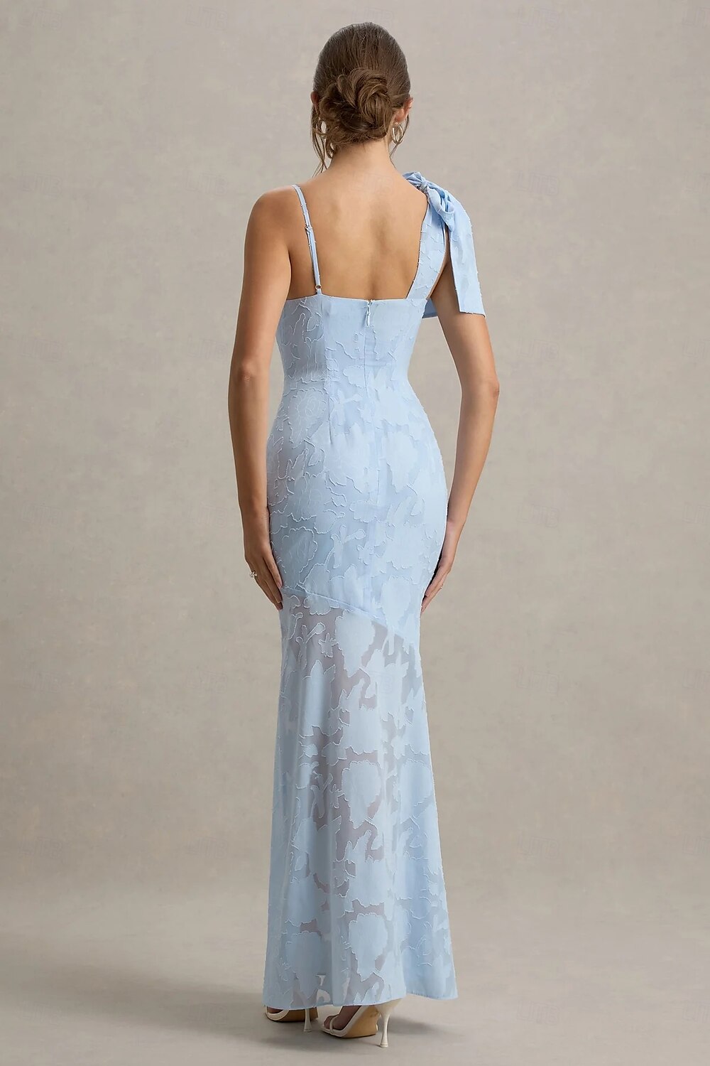 Vestido de noite estilo celebridade, sereia/trompete azul, renda floral queimada, comprimento até o chão, sem mangas, decote coração com laço(s), 2025 de 2025 por $148.99 –P4