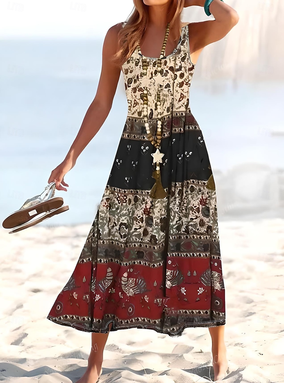 Damen Maxikleid Sommerkleid A Linie Kleid Unterkleid Faltenkleid Urlaub Lässig Boho Ausgehen Strand Normale Passform Blumen Paisley-Muster Farbblock Ärmellos U-Ausschnitt Dunkelgrün hellkaffee 2025 - $35.99 –P1