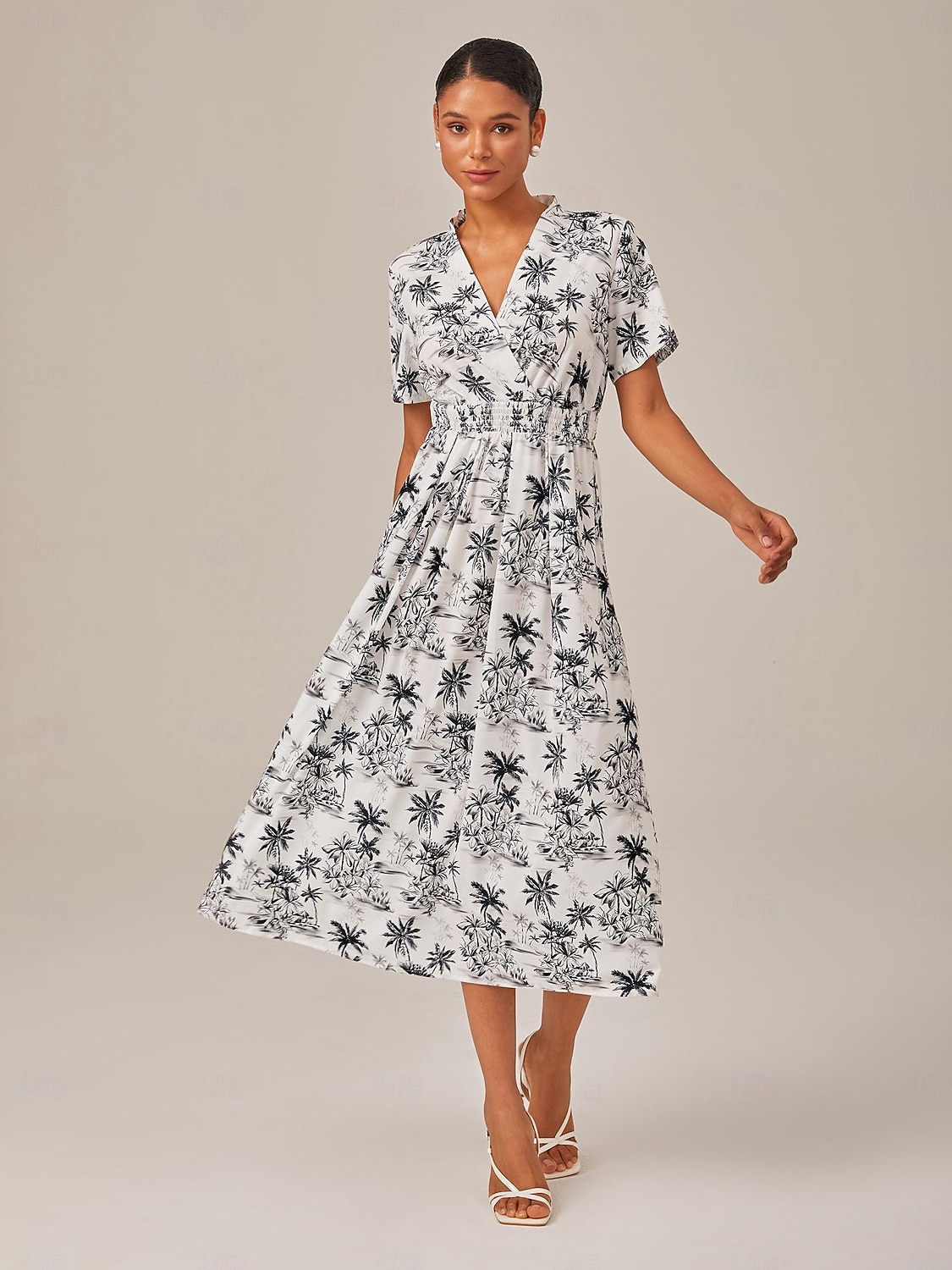 zwart &witte midi-jurk in strandprint in vakantiestijl 2025 - $81.99 –P1