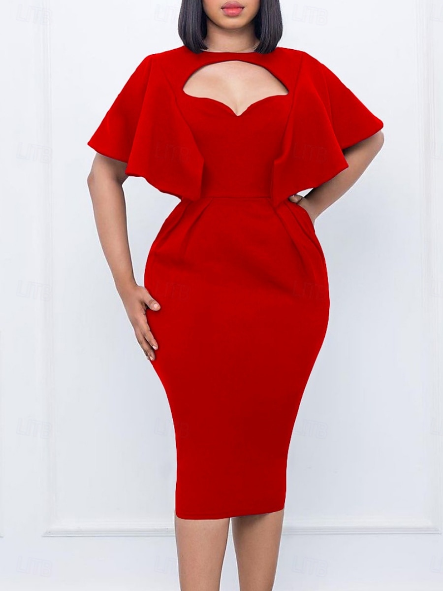 Dam Midiklänning Sheath Dress party cocktail Semiformella klänningar Fest Normal Slät Kortärmad Rund hals Vit Rubinrött Kungsblå Sommar 2025 - $39.99 –P4