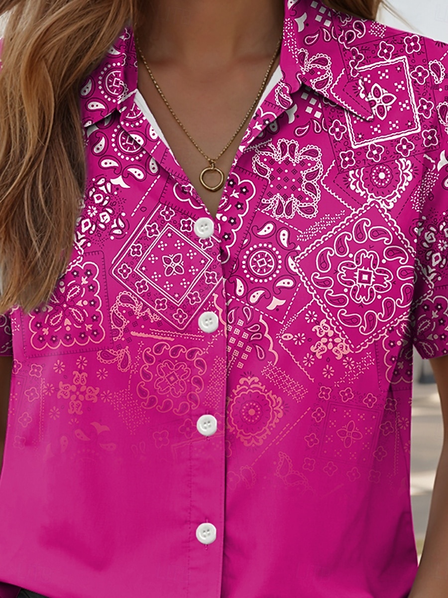 Damen Hemd Langarm Button Down Bluse Ombre Grafik Paisley Täglich Lässig Kurzarm Hemd Kragen Reguläre Tops Tägliche Rote Blau Fuchsia Sommer Frühling 2025 - $24.99 –P3
